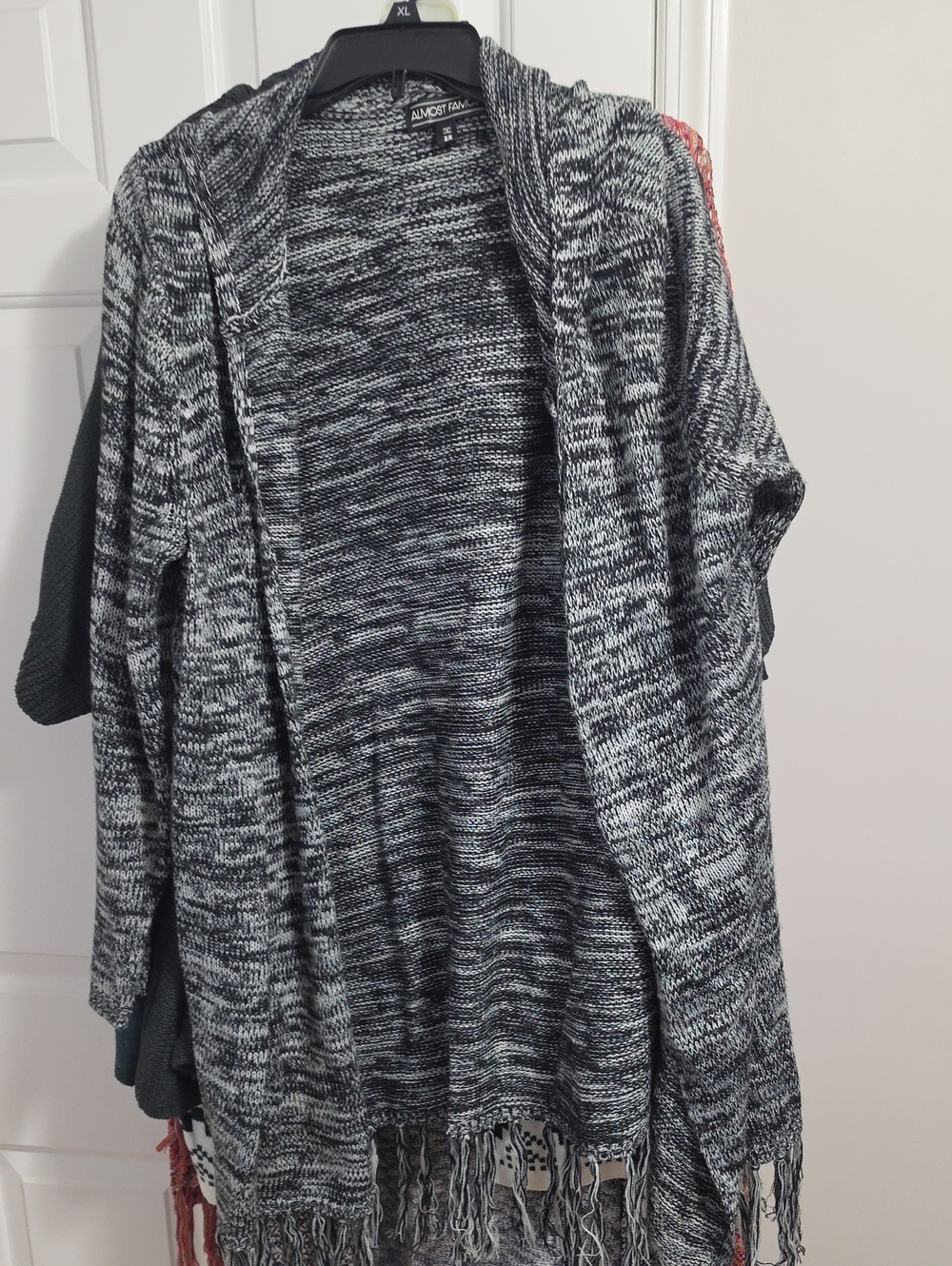 Almost Famous Black & White Marled Open-Front Cardigan with Fringe